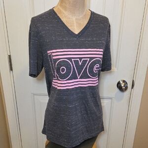Gray V-Neck T-Shirt with Pink 'Love' Graphic